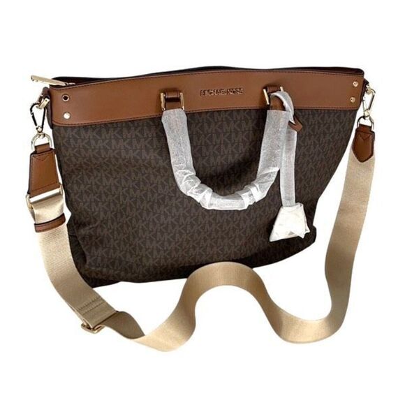 NWT Michael Kors Womens Large Brown Jet Set Monogram Travel Tote Purse Handbag - Picture 1 of 8